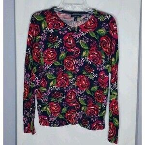 Lands’ End Supima Cotton Button Front Cardigan Women’s L Floral Rose